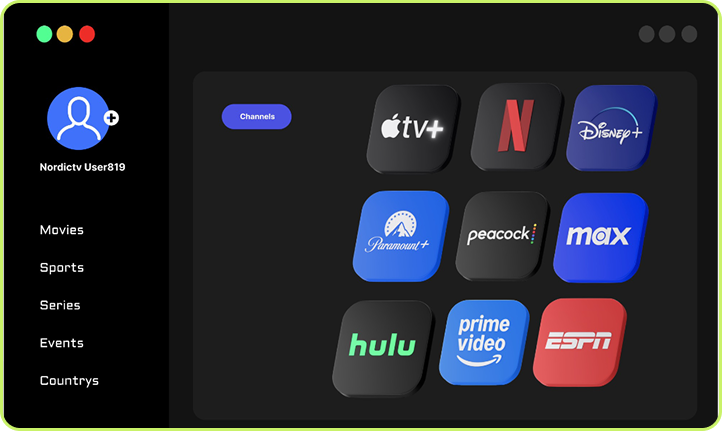 IPTV NORDIC gränssnitt som visar användarprofil och populära streamingtjänster som Netflix, Disney+, Prime Video och Hulu.